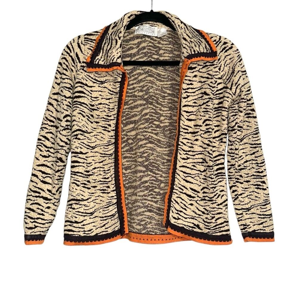 Saks Fifth Avenue Folio Collection Zebra Print Collared Vintage Cardigan SMALL
